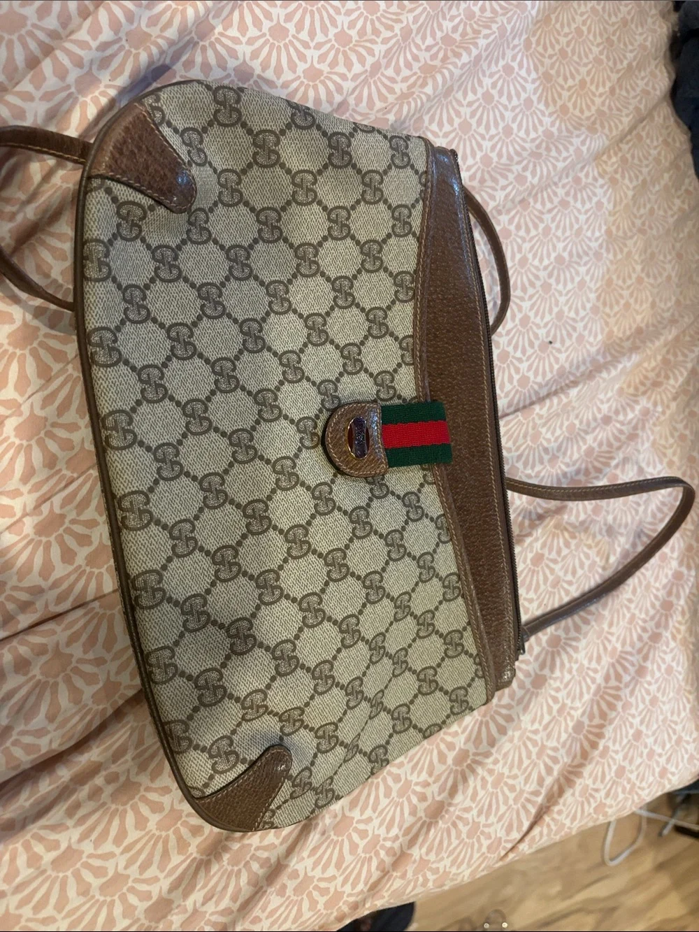 Gucci Beige Monogram Crossbody with Brown Leather and Green-Red Web